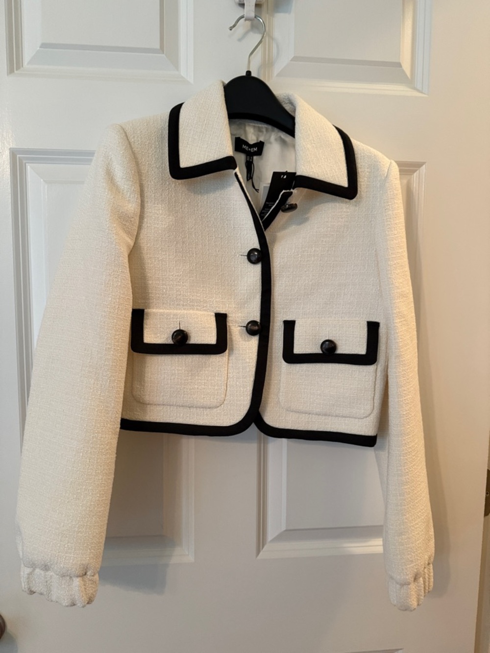 ME+EM Cream Tweed Cropped Jacket with Black Trim